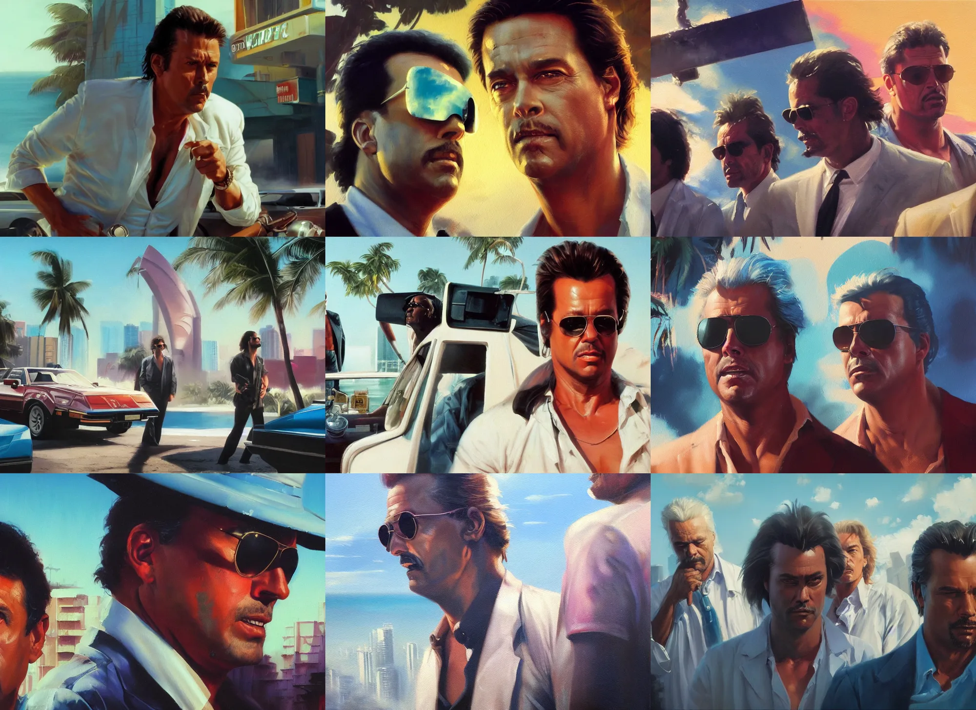 Prompt: an oil painting closeup of eighties miami vice, crockett, tubbs, ultra realistic, highly detailed, masterpiece, cinematic by frank frazetta, greg rutkowski, beeple, yoko taro, christian macnevin, beeple, wlop, krenz cushart, epic fantasy character art, volumetric lighting, cgsociety