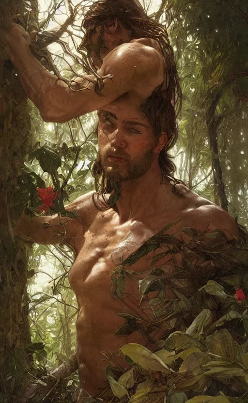 Image similar to god of the forest, 3 0 years old, rugged, handsome, male, detailed face, clean lines, atmospheric lighting, amazing, full body, thighs, flowers, muscular, intricate, highly detailed, digital painting, deviantart, concept art, sharp focus, illustration, art by greg rutkowski and alphonse mucha