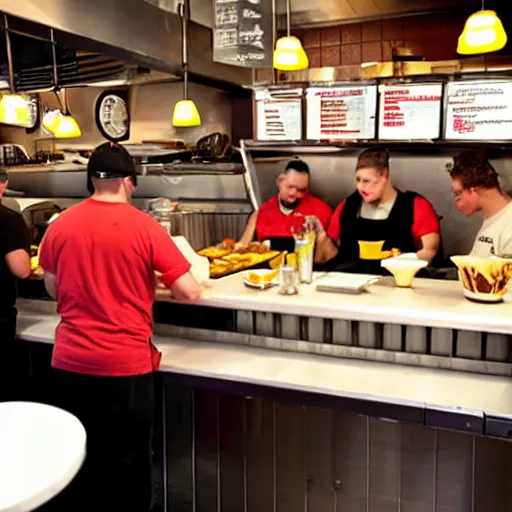 Image similar to busy wafflehouse interior with customers eating breakfast and wafflehouse employees serving food and cooking behind countertop bar that has food on