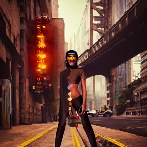Prompt: a fashion model in helmet, creative, brown skin, digital art, photo manipulation, artstation, standing, cyberpunk, giant, street, duck shoes, up there, photoshop, bridge