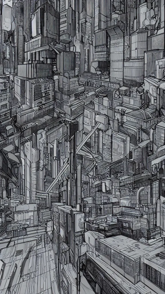 Image similar to detailed cyberpunk graphic novel style 3 point perspective view of a future city