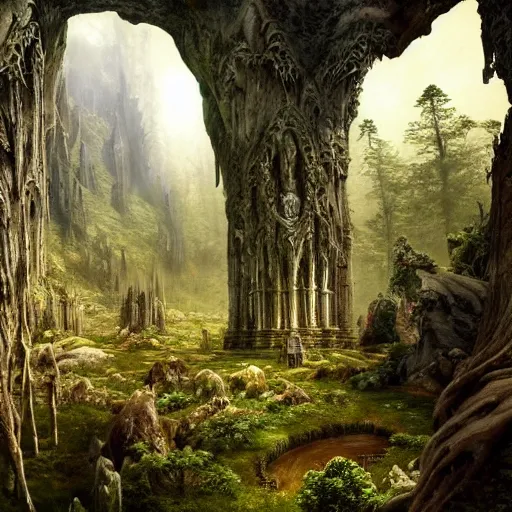 Prompt: a beautifully epic and insanely detailed oil painting of an elven temple deep in the misty mountains, secret valley, tall spires, beautiful trees, runes carved into the stone, intricate details, epic scale, insanely complex, 8 k, sharp focus, hyper realism, fantasy landscape, psychedelic, by caspar friedrich, brian froud, albert bierstadt,
