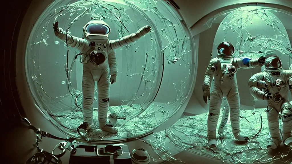 Image similar to a cybernetic symbiosis of a single astronaut eva suit swimming in infected with diamond 3d fractal lace iridescent bubble 3d skin covered with insectoid compound eye camera lenses floats through the living room, film still from the movie directed by Denis Villeneuve with art direction by Salvador Dalí, wide lens,