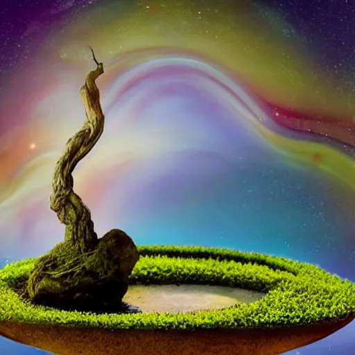 Prompt: A picture of a planet of various flowers, fungus and plants, Bonsai , in which the human figure is dressed in something magical and impressive, inside the picture is infinity, muted light, BotanicalAtmospheric phenomenon, artistic photography, muted colors, conceptual, Kodachrome