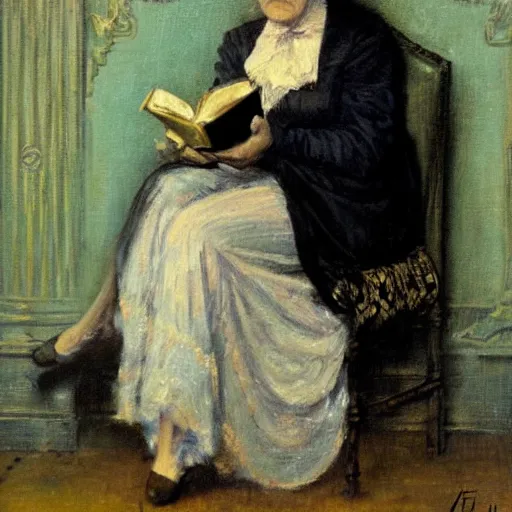 Image similar to scared victorian lady reading a book with an occult symbol on the cover, painted by alfred stevens