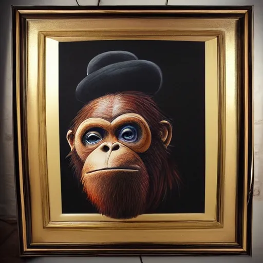 Image similar to framed portrait painting of an anthropomorphized orangutan, wearing a monocle and a small bowler hat, oversized mustache. dark outlining style. highly detailed