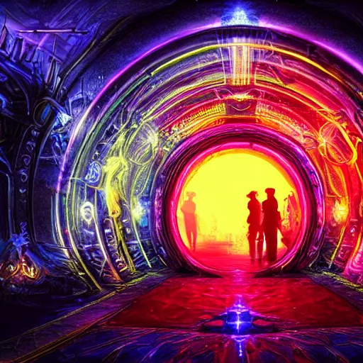 Prompt: portal to another dimension, magnificent, epic, neon, highly detailed, beautiful lighting, fantasy landscape