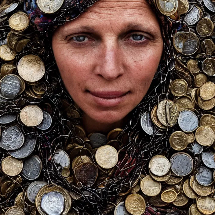 Prompt: closeup portrait of a woman wearing a cloak made of cold coins and wire, standing in a landfill of garbage and junk, by Annie Leibovitz and Steve McCurry, natural light, detailed face, CANON Eos C300, ƒ1.8, 35mm, 8K, medium-format print