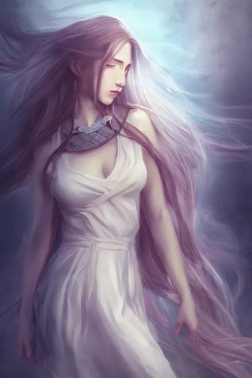 Image similar to A beautiful female cleric with long flowing hair by WLOP