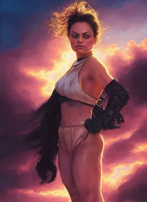 Image similar to Mila Kunis wearing black choker, epic portrait of a very strong muscled Amazon heroine, sun beams across sky, pink golden hour, stormy coast, intricate, elegance, highly detailed, shallow depth of field, epic vista, concept art, art by Artgerm and Donato Giancola, Joseph Christian Leyendecker