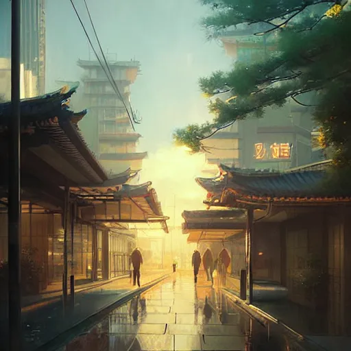 Image similar to evening tokyo walk in tachikawa. volumetric lighting, spring early morning, dew, nice weather, realistic illustration, perfectly shaded, soft painting, art by krenz cushart and wenjun lin