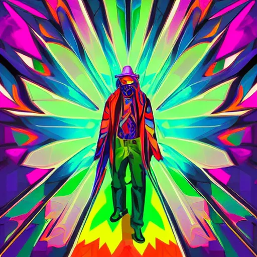 Prompt: psychadelic art of a fantasy wizard in the style of louis wayne, bright colours, angular shapes, geometric, highly intricate
