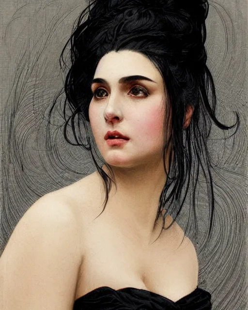 Prompt: portrait of a tall 4 0 - year - old woman with thin lips, long, lush black hair gathered on the head bun, and thick eyebrows, wearing in black clothes, aristocratic appearance, hyper realistic face, beautiful eyes, close up, fantasy art, in the style of greg rutkowski, intricate, alphonse mucha, hyper detailed, smooth