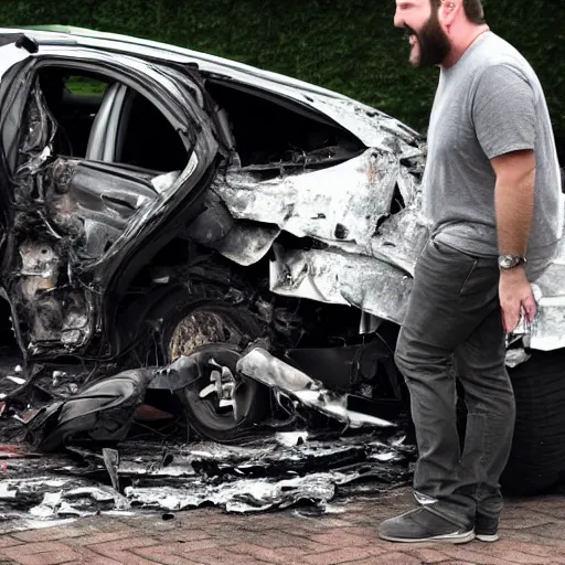 Image similar to Tom Segura laughing in front of a carcrash, hidden camera photo, photorealistic, 8k