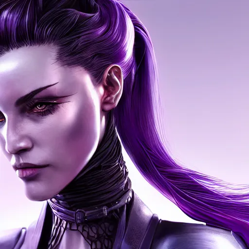 Prompt: close up portrait of a woman in smooth purple sci - fi armor, long black ponytail, elegant, intense, woman, an ultrafine hyperdetailed illustration by kim jung gi, irakli nadar, intricate linework, sharp focus, bright colors, octopath traveler, final fantasy, unreal engine 5, global illumination, radiant light