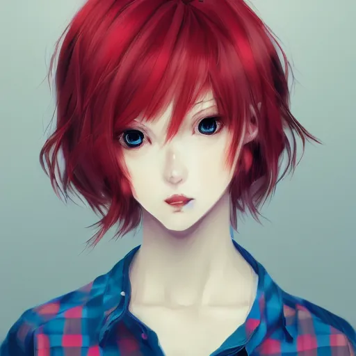 Image similar to full headshot portrait of woman with red hair and blue, digital art, drawn by WLOP, by Avetetsuya Studios, anime manga panel, trending on artstation, wearing a plaid shirt