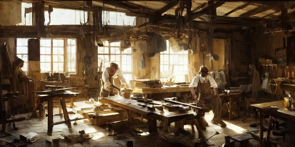 Image similar to simple craftsman fine woodworker building a wooden table in their well lit clean open workshop, art by anders zorn, wonderful masterpiece by greg rutkowski, beautiful cinematic light, american romanticism thomas lawrence, greg rutkowski