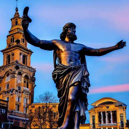 Prompt: a city market and the blue sky with clouds at sunrise. a massive statue of saint paul with massive black wings standing on a platform in the middle of the city + very