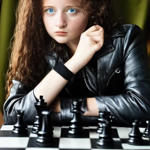 Image similar to thomasin mckenzie as biker girl playing chess natural light