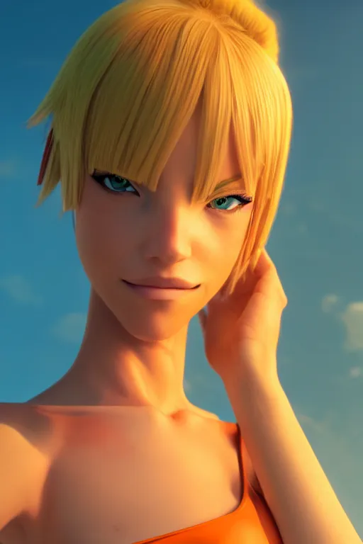 Image similar to beautiful blond woman in orange tribal bikini, blond hair pulled back off the face, green eyes, by makoto shinkai, 8 k, high resolution render, cinematic, unreal engine, clean lineart and flat color,