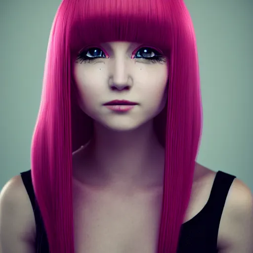Image similar to A portrait of Nikki from Shining Nikki, a 3d cgi toon young woman with long pink hair, full bangs, amber eyes, full face, light makeup, pale skin, Chinese, medium shot, mid-shot, soft focus, 4k, trending on artstation