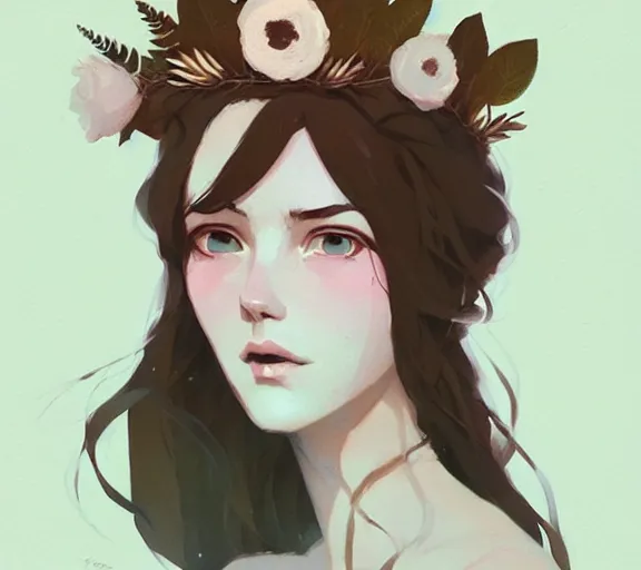 Prompt: portrait of forest godess with flower crown, by atey ghailan, by greg rutkowski, by greg tocchini, by james gilleard, by joe fenton, by kaethe butcher, by ashley wood, dynamic lighting, gradient light blue, brown, blonde cream and white color scheme, grunge aesthetic