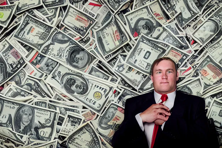 Image similar to stunning beautiful photography of Mike Blazer like a boss under the rain of 100 us dollar bills, Wall Street, from a Times magazine award winning photo, professional photoshoot, taken with Sony alpha 9, sigma art lens