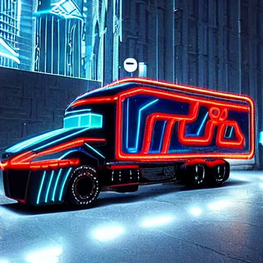 Prompt: a cyberpunk truck with tron lightings