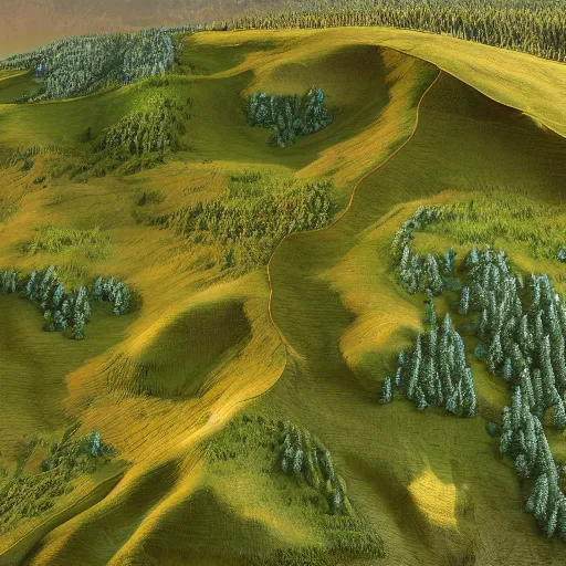 Prompt: topview, miniature photography closeup, h0, 1:87, reaction diffusion, Meadow, hills, highly detailed, satellite image, game map, anno 1404, civilization, by tim hildebrandt, by rhads, unreal engine, megascans texture