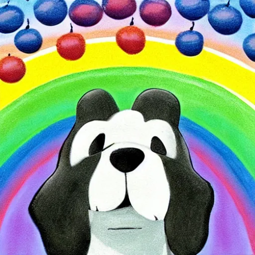 Image similar to adorable cartoon black lab chasing a hotdog across a rainbow bridge, by pixar
