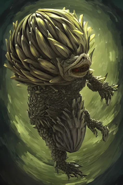 Image similar to a humanoid figure artichoke monster with large sphere eyes and a voracious mouth, highly detailed, digital art, sharp focus, trending on art station, plant, anime art style