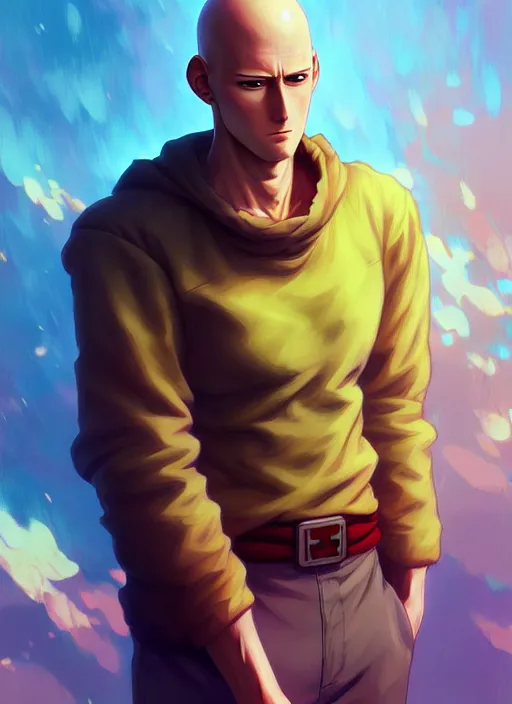 Image similar to handsome saitama, half body shot, path traced, environment, highly detailed, high quality, digital painting, alena aenami, lilia alvarado, shinji aramaki, karol bak, alphonse mucha, tom bagshaw