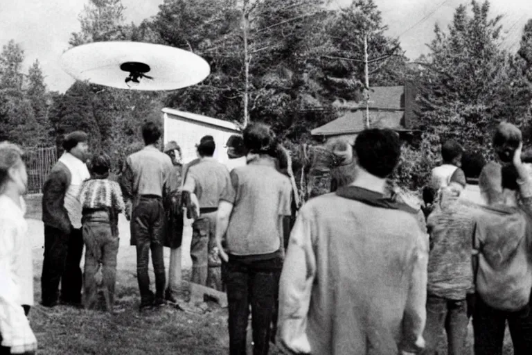 Image similar to an old photo of people looking at metal saucer flying in the skin on the neighborhood