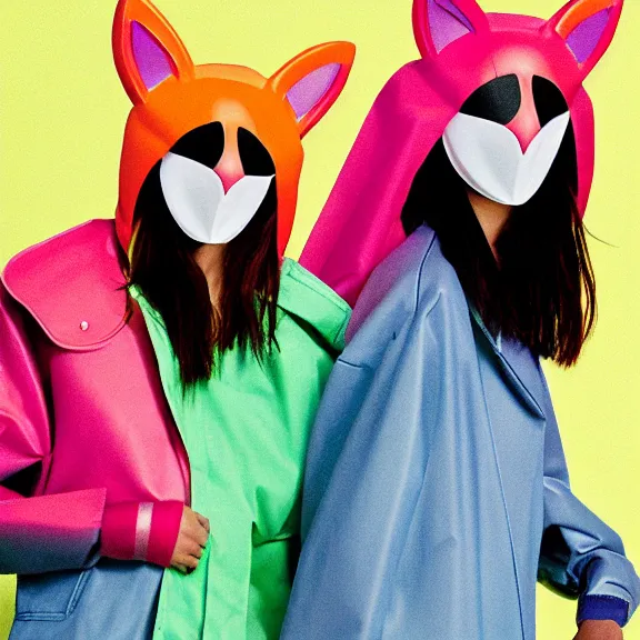 Prompt: two models in plastic cat masks wearing baggy colorful 9 0 s jackets by rick owens. magazine ad. pastel brutalist background.