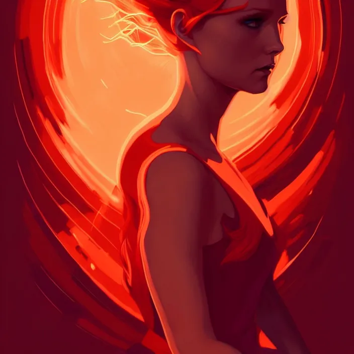 Image similar to style artgerm, joshua middleton, beautiful ( kristen bell ) with dark red dress, very long orange hair, symmetrical face, symmetrical eyes, fire powers fire swirling, detailed, volcano setting, cinematic lighting