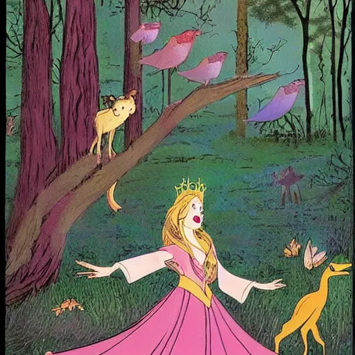 Image similar to A detailed experimental art of Princess Aurora singing in the woods while animals look on. The colors are light and airy, with a hint of mystery in the shadows. The overall effect is dreamlike and fairy-tale like. Korean folk art, alizarin by Dave Gibbons