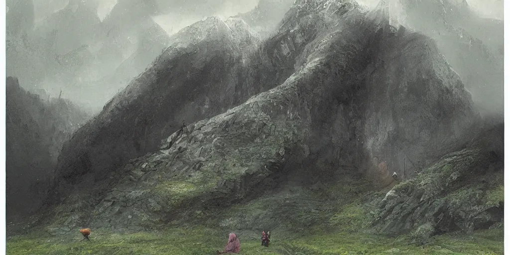 Prompt: A cave in a small meadow hill beaming light, raining, mountain behind meadow, menacing, illustration, detailed, smooth, soft, cold, by Adolf Lachman, Shaun Tan, Surrealism