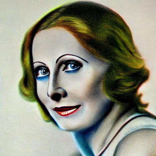 Prompt: a 1 9 2 0 s ultra - realistic color portrait. happy, healthy, beautiful, smiling, young, sporty, blonde, blue - eyed symmetric greta garbo in decent athletic wear. hyper - realistic detailed drawing