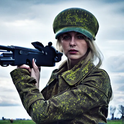 Image similar to ukrainian woman - soldier with kalashnikov gun, beautiful epic photography, high quality, profound gaze, big blown eyes, yellow and blue ribbons, emotionally touching, digital art, dramatic sky, battlefield, fire