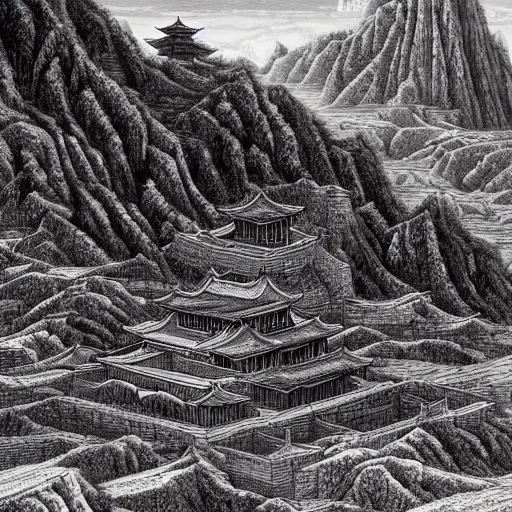 Prompt: ancient chinese fortress in the mountains of xi\'an, desert environment, mountainous gobi desert historic woodcut-styled artwork from ancient china hyperdetailed, artstation trending, world renowned artists, worth1000.com, historic artworks society, antique renewel, cgsociety, by greg rutkowski, by Gustave Dore, Deviantart