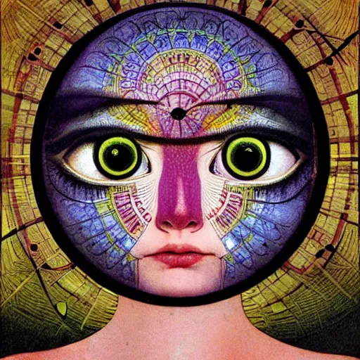 Image similar to a beautiful print a large eye that is looking directly at the viewer. the eye is composed of a myriad of colors and patterns, and it is surrounded by smaller eyes. the smaller eyes appear to be in a state of hypnosis, and they are looking in different directions. by carl spitzweg, by catrin welz - stein rigorous