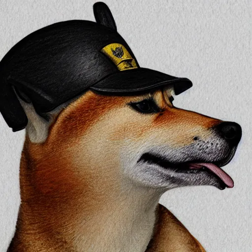 Image similar to A drawing of a Shiba Inu dog wearing a soldier's helmet