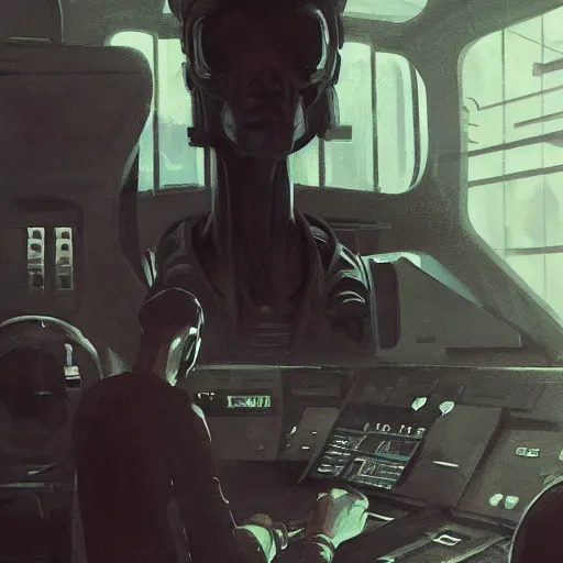 Image similar to concept art by greg rutkowski, a very tall, and slender man with short black hair, sitting with the crew in the ship's flight deck, brutalist futuristic interior, dark lighting atmosphere, detailed portraits, nostalgic atmosphere, scifi, digital painting, artstation, concept art, smooth, sharp foccus ilustration, artstation hq