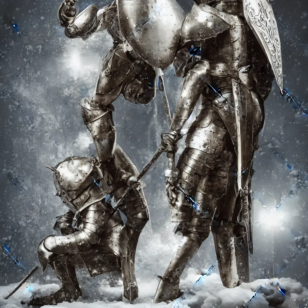 Prompt: a warrior in beautiful medieval armor with snow - white angel wings on his back, wearing a beautiful medieval helmet, holding an epee, kneeling on one knee, high quality, cyberpunk style