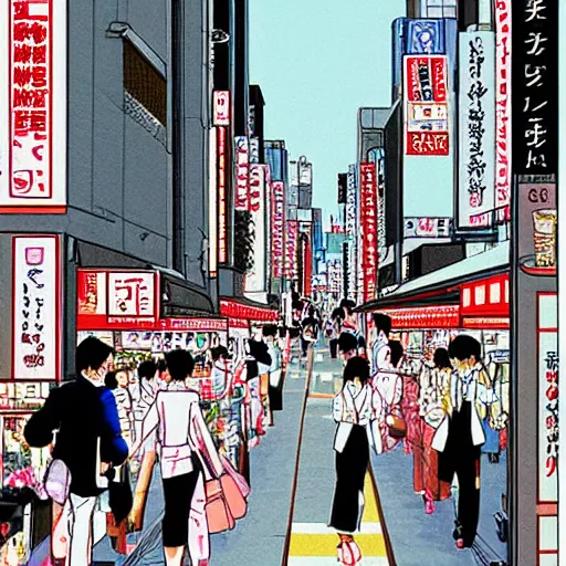 Prompt: a beautiful painting of a bustling city street in tokyo japan by hiroshi nagai and hirohiko araki, detailed line art