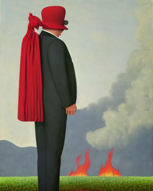 Prompt: painting of a man with a kiwifruit covering his face, wearing a bowler hat and overcoat with a red necktie, standing in front of a barren wasteland of smoke and fire, oil on canvas, style of Rene Magritte, by René Magritte