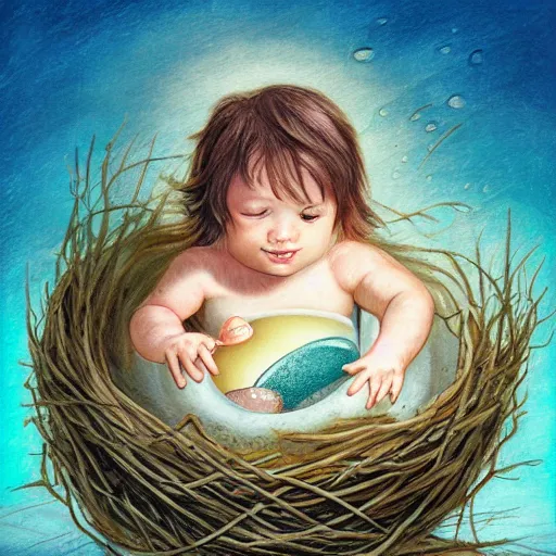 Image similar to baby mermaid next to a cracked egg in a nest, realistic, high detailed, fantasy art