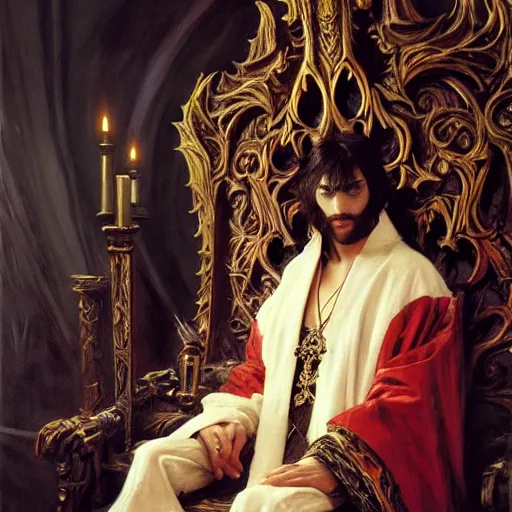 Image similar to perfectly centered portrait of attractive vampire king in a robe sitting on a throne of bones, highly detailed painting by gaston bussiere, craig mullins, j. c. leyendecker, 8 k