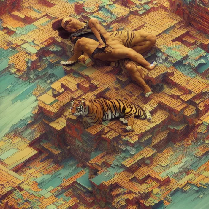 Image similar to excellent painted isometric view of tiger, high quality masterpiece painted, patterned background, zoomed out, 4k, trending on artstation, octane render, art by James Jean and artgerm and greg rutkowski and alphonse mucha and craig mullins and James Jean and Andrei Riabovitchev and Marc Simonetti and peter mohrbacher