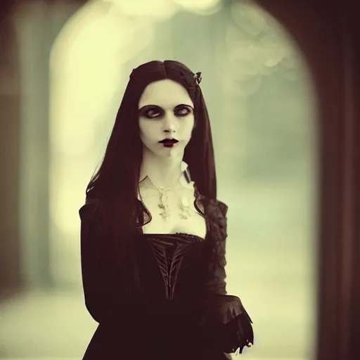 Prompt: A beautiful portrait of a lady vampire, victorian, ominous, depth of field, bokeh, irwin penn, soft light, cinematic